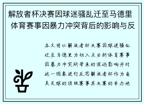 解放者杯决赛因球迷骚乱迁至马德里 体育赛事因暴力冲突背后的影响与反思