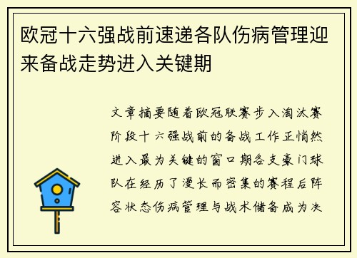 欧冠十六强战前速递各队伤病管理迎来备战走势进入关键期